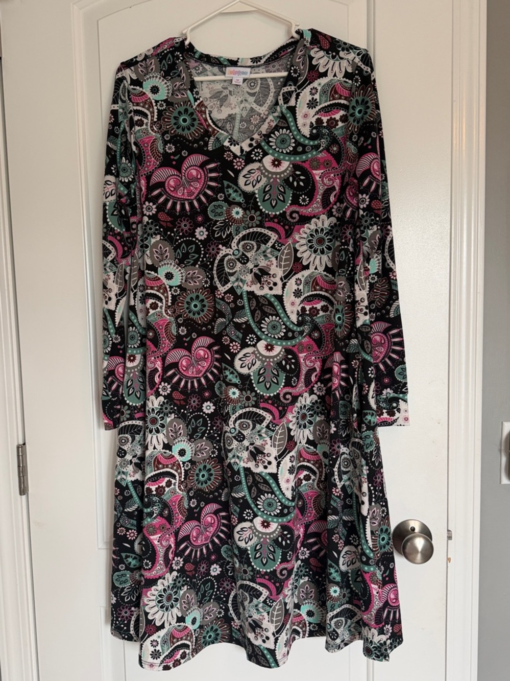 LuLaRoe Emily Swing Dress in Pink, Teal, and Black Paisley Long Sleeve Dress